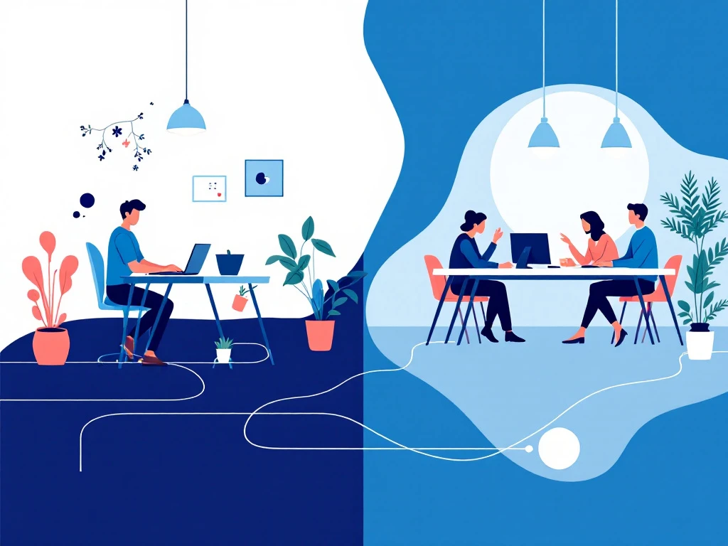 Moderne illustratie van individuele werker aan laptop links en samenwerkend team rechts, verbonden door geometrische lijnen