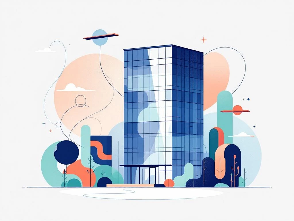 Modern kantoorgebouw in Zuidas omringd door geometrische vormen en werkplekken in navy, peach en mint kleuren