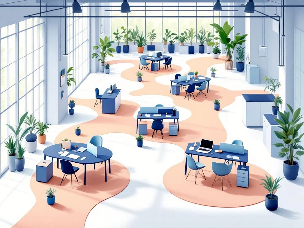 Moderne open kantoorruimte met navy blauwe bureaus, mint groene planten en gebogen looppaden in lichte ruimte