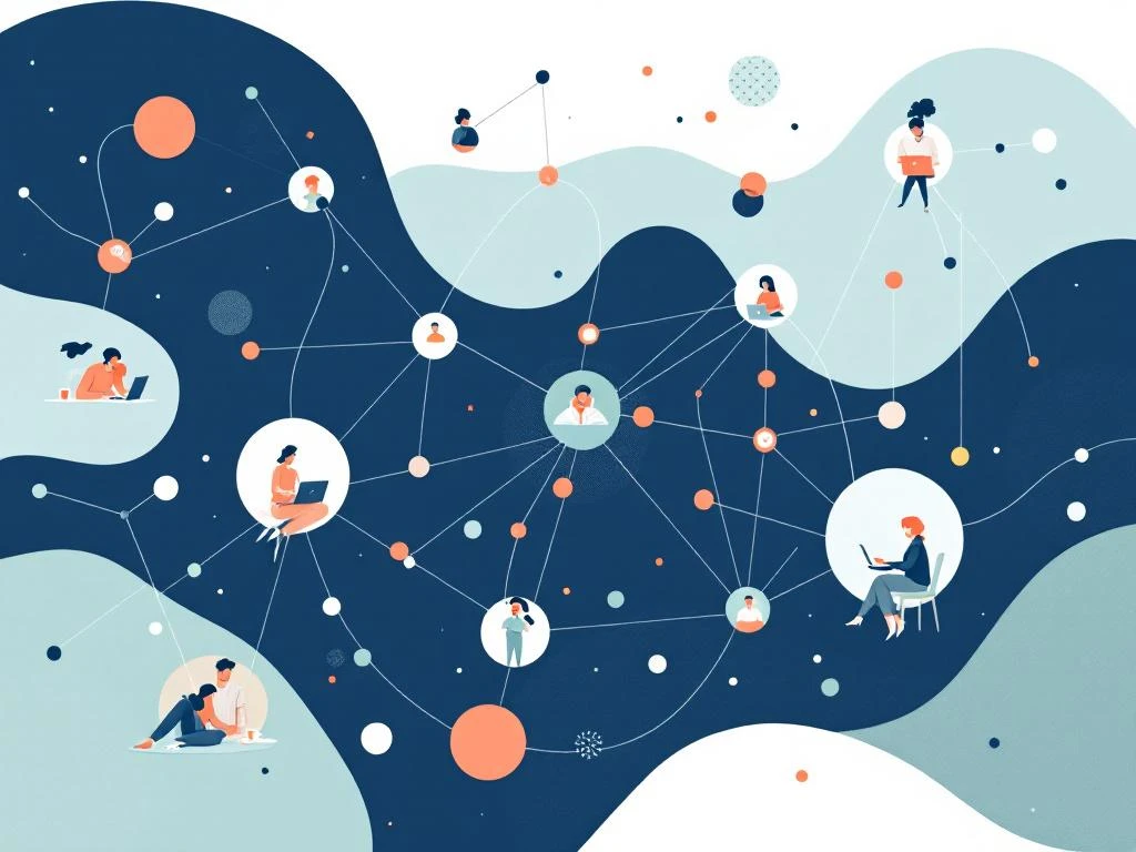 Moderne illustratie van netwerkverbindingen in coworking ruimte met geometrische vormen en professionals in navy, koraal en groen