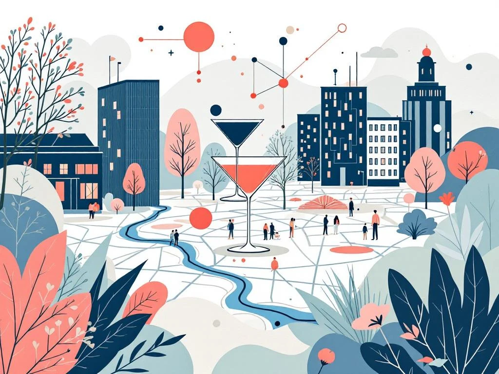 Moderne netwerkscène met cocktailglazen en verbindingslijnen boven gestileerde kaart van Sloterdijk in Amsterdam