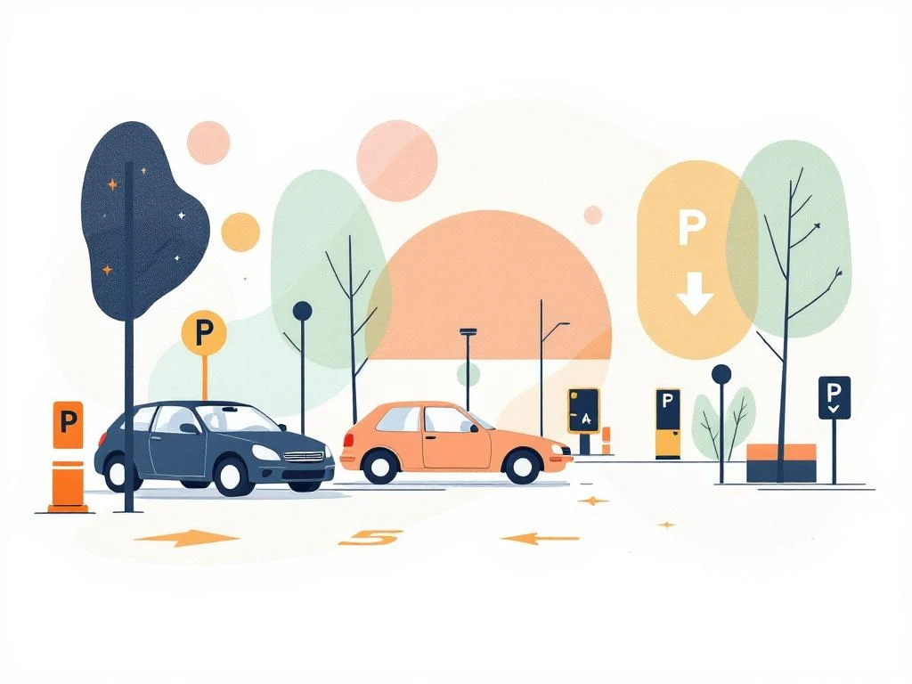 Moderne illustratie van parkeergebied Duivendrecht met geometrische auto's, parkeermeters en richtingspijlen in navy, peach en mint