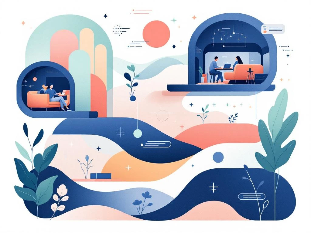 Moderne kantoorillustratie met zwevende werkruimte-dynamicen, bureaus en digitale connectiviteit in blauw, koraal en mint