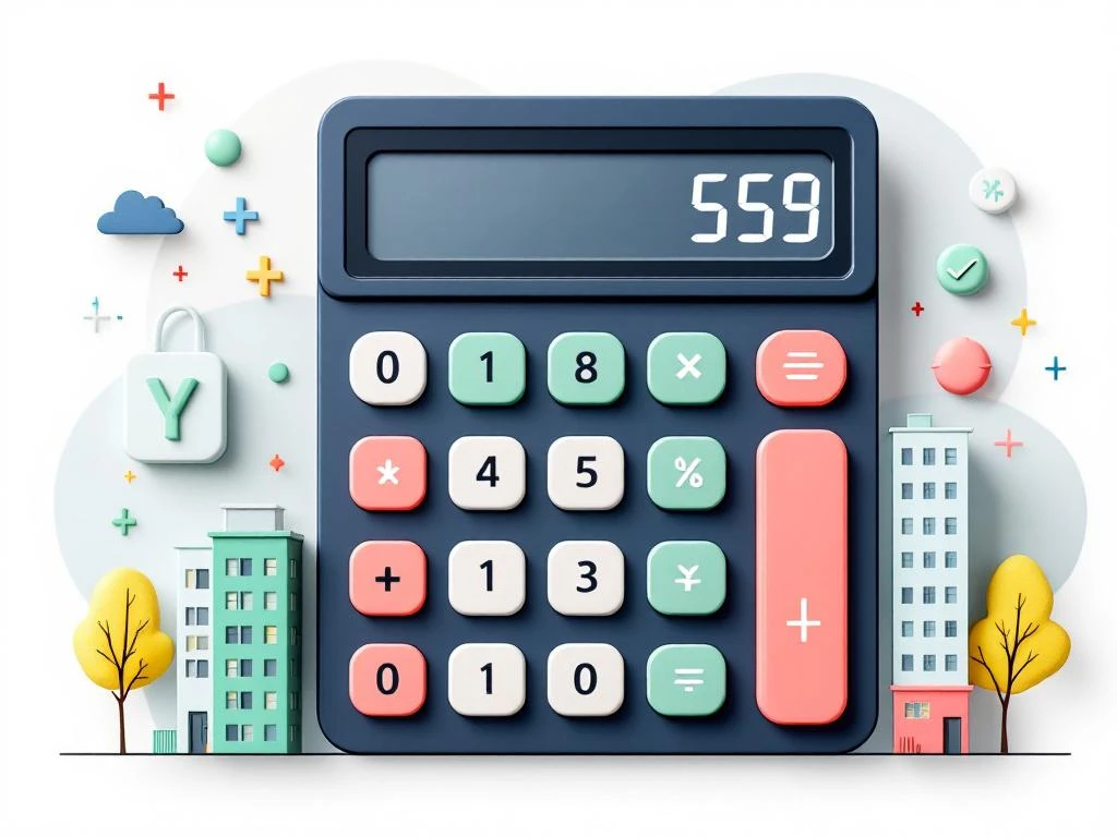 Rekenmachine met vastgoedwaarden naast miniatuur kantoorgebouwen en huurpand-iconen voor vastgoedinvestering
