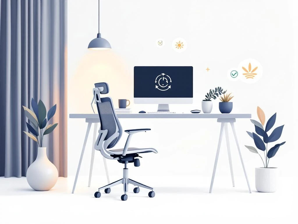 Modern ergonomisch kantoor met bureau, stoel en veiligheidssymbolen in navy, perzik en groene tinten