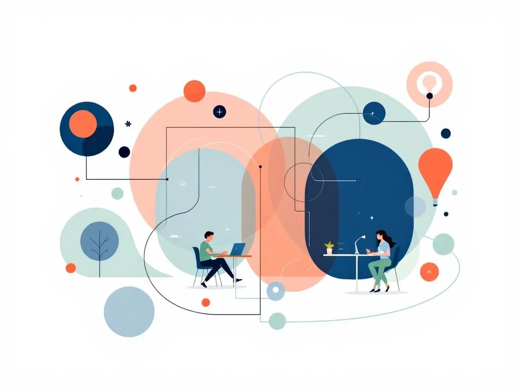 Moderne illustratie van onderling verbonden werkplekken met geometrische vormen in navy, koraal en sage groen op witte achtergrond