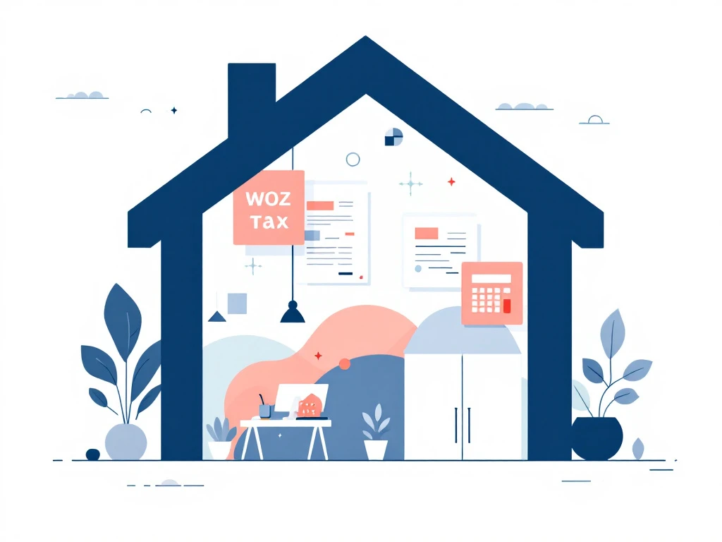 Gestileerd huis met zwevende WOZ-belastingdocumenten en rekenmachine-symbolen in moderne minimalistische stijl