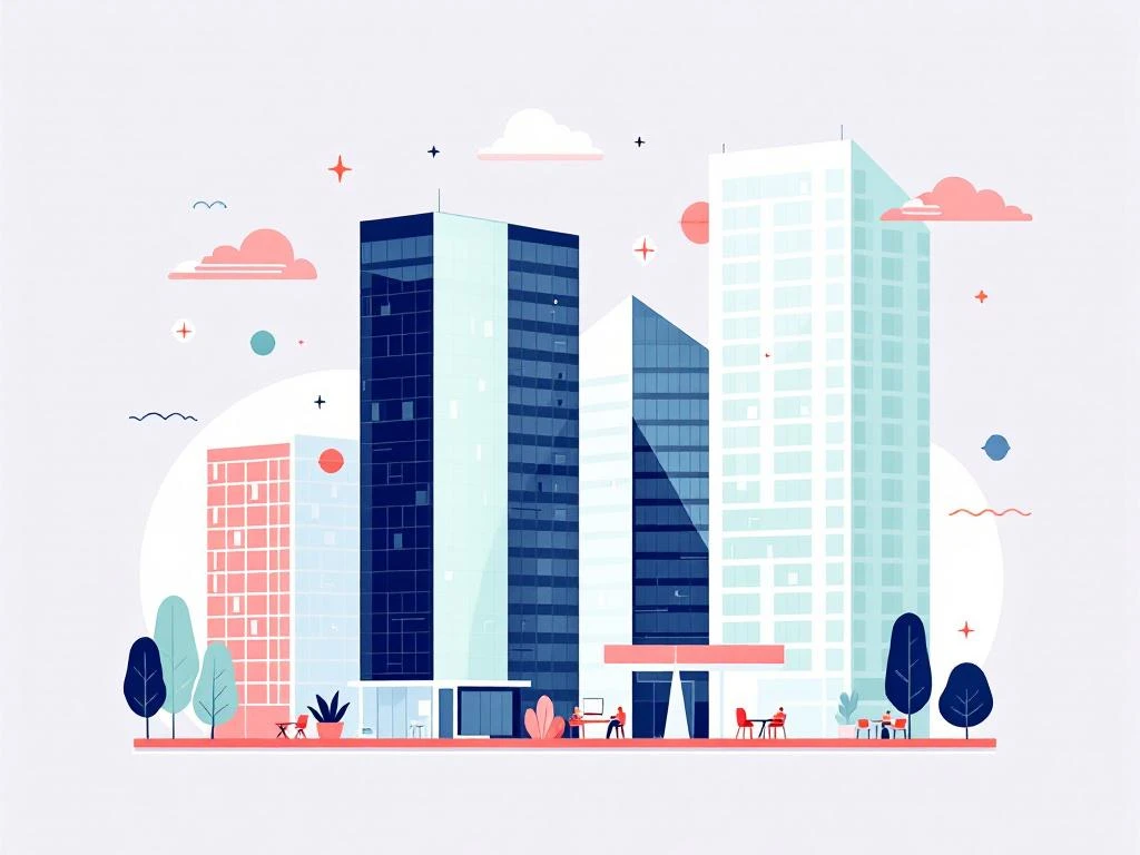 Moderne illustratie van Zuidas kantoorverhuur met glazen torens en werkplekken in zachte kleuren op witte achtergrond