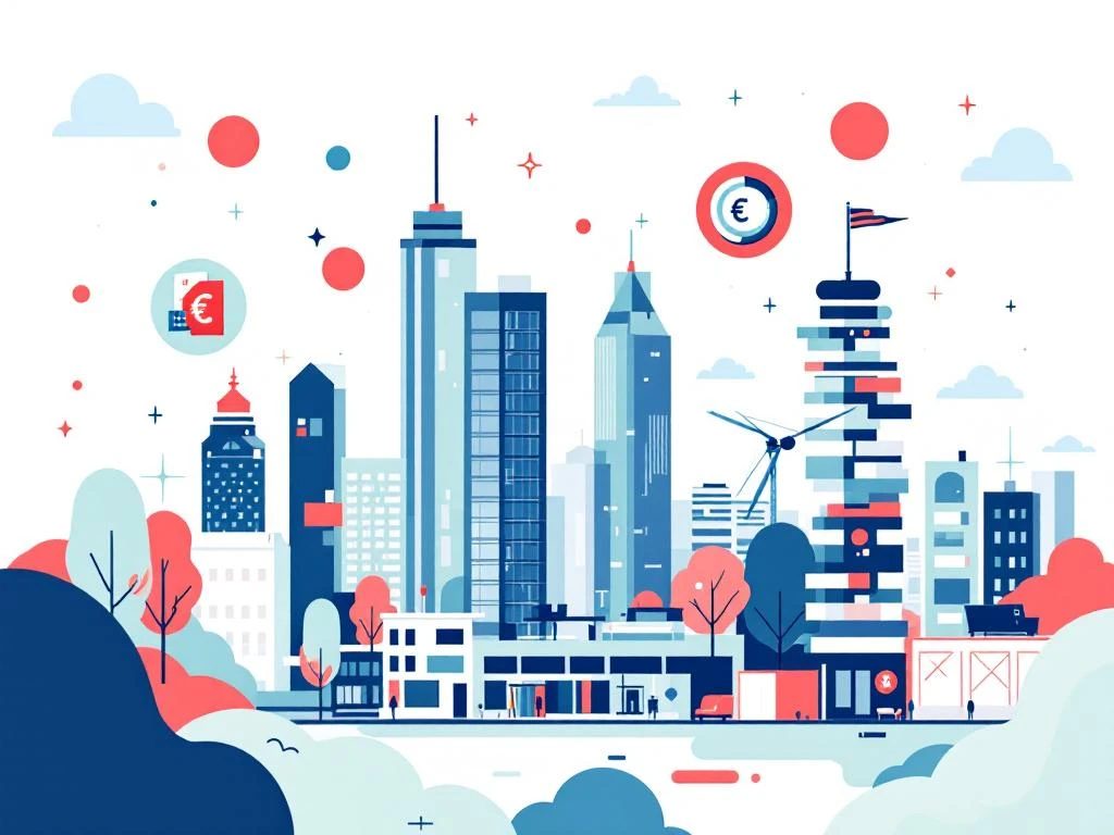 Moderne illustratie van Zuidas wolkenkrabbers met zwevende kostenberekening symbolen in navy, koraal en sage groen