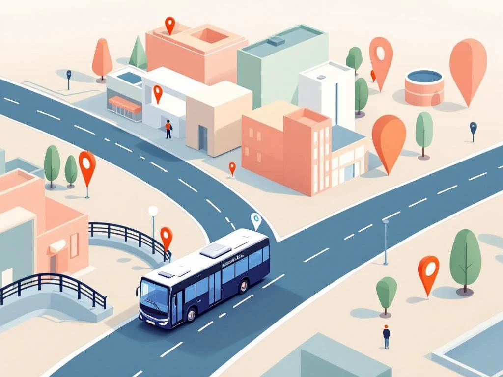 Bus rijdt naar Amstel Business Park via gestileerde weg met locatiemarkeringen in minimalistisch ontwerp