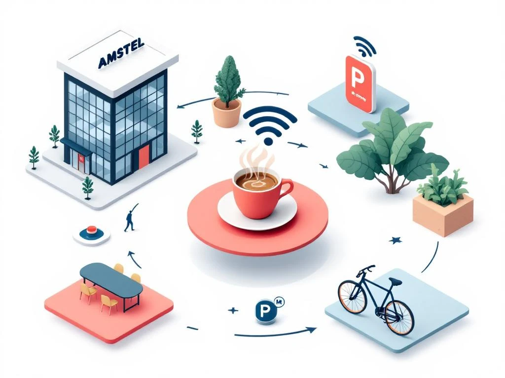 Isometrische illustratie van Amstel Business Park voorzieningen: kantoor, koffie, wifi, parking en fiets in navy en koraal