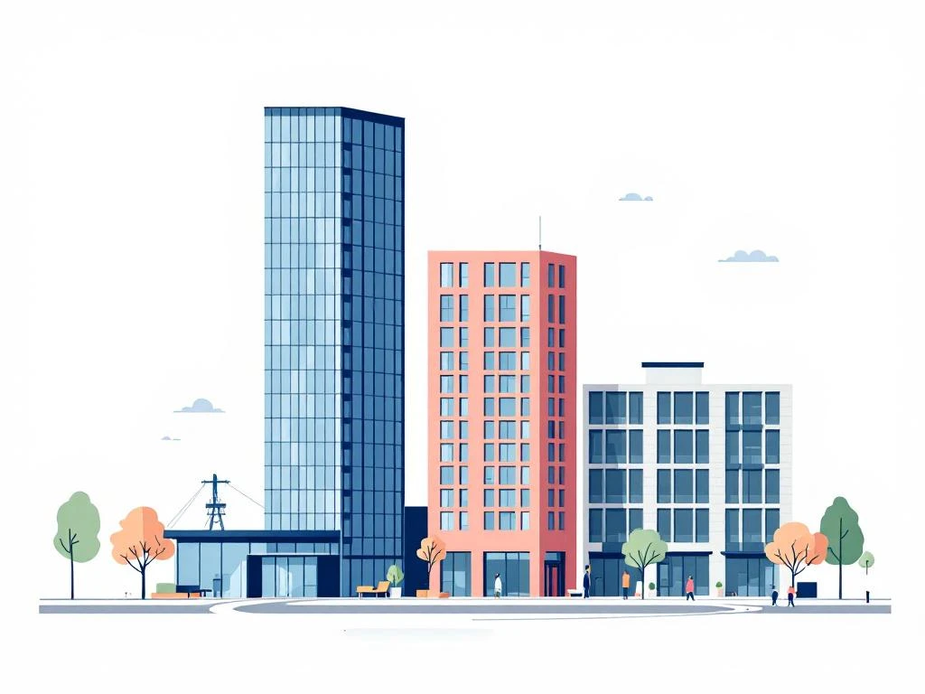 Drie moderne kantoorgebouwen op Amstel Business Park in minimalistisch design met verbindende paden