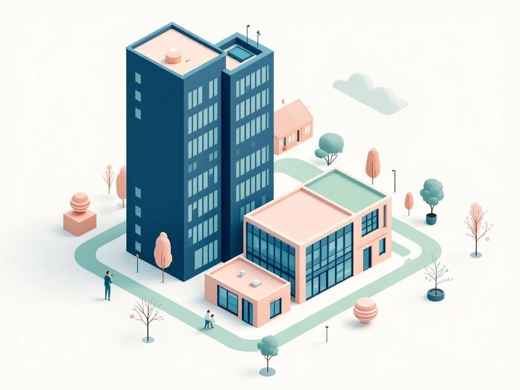 Kleine bedrijfspanden in geometrisch ontwerp van Amstel Business Park met blauwe torens en groene paden