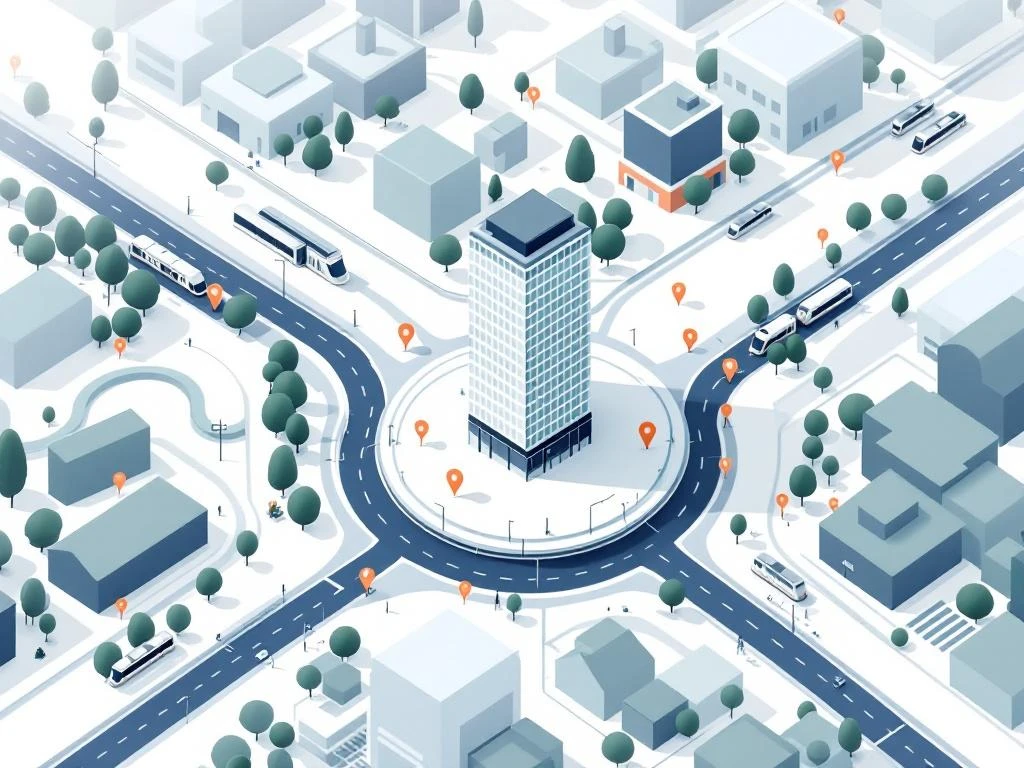 Vogelvluchtillustratie van het OV-netwerk bij Amstel Business Park met tramlijnen, treinstations en centraal kantoorgebouw