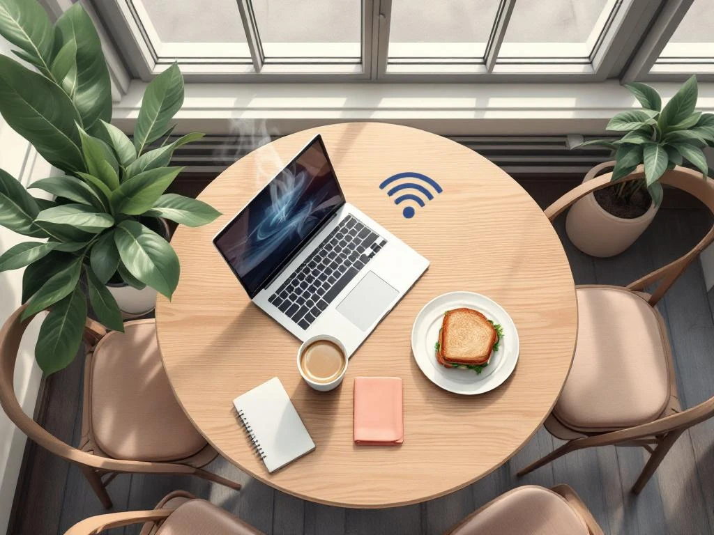 Bovenaanzicht van Amsterdams café met laptop, koffie en sandwich op houten tafel met wifi-symbool