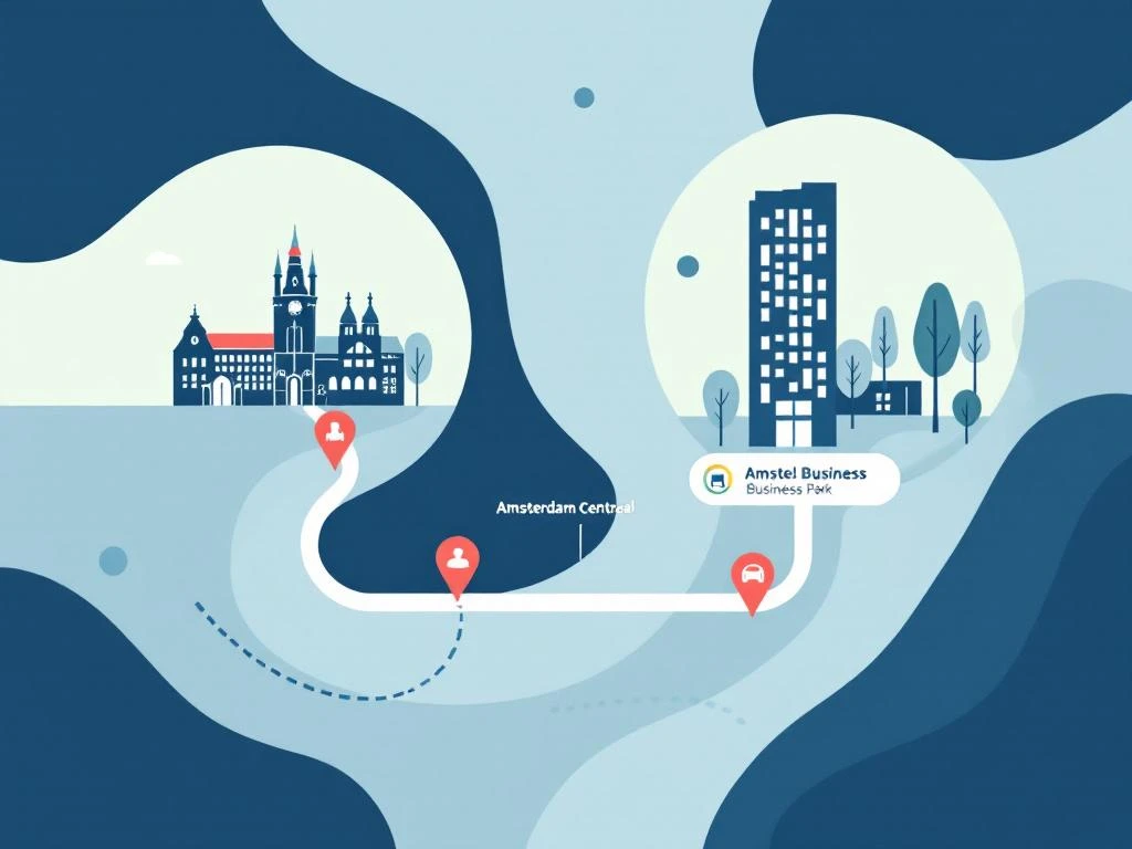 Routekaart van Amsterdam Centraal naar Amstel Business Park met openbaar vervoer iconen in blauw, koraal en groen