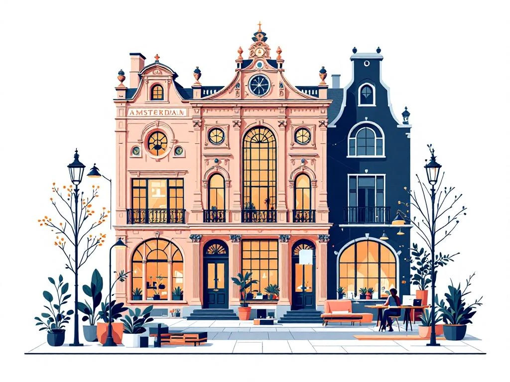 Amsterdams historisch gebouw in navy en perzik met moderne werkplekdynamicen, erfgoed ontmoet hedendaagse werkcultuur