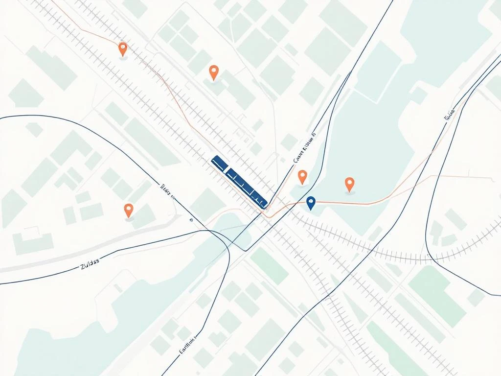 Minimalistische vogelvlucht illustratie van trein- en metroroute Amsterdam Centraal naar Zuidas met geometrische lijnen