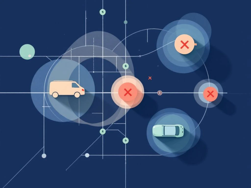 Bovenaanzicht van Amsterdamse milieuzones met cirkelvormige gebieden en voertuigsilhouetten in navy, koraal en groen