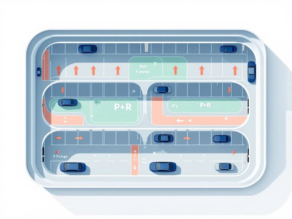 Bovenaanzicht van een Amsterdamse parkeergarage met P+R zones, parkeerplaatsen en bewegwijzering in geometrisch ontwerp