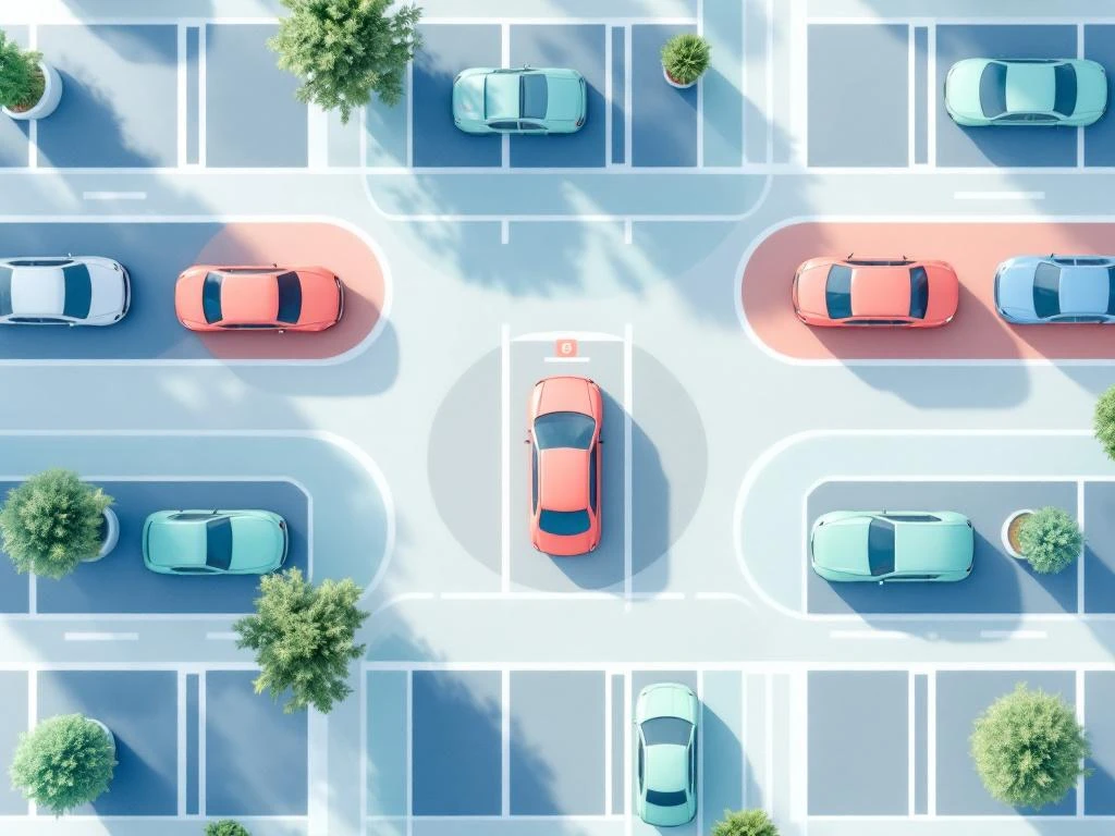 Bovenaanzicht Amsterdams stadsblok met parkeerplaatsen in geometrisch patroon, één plaats gemarkeerd met prijslabel