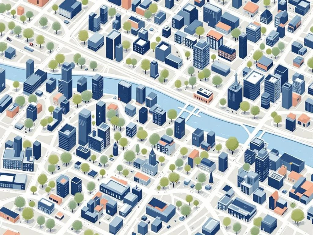 Bovenaanzicht van Amsterdam West kantoorwijken met geometrische gebouwen in navy, perzik en groen met grachten --- **Note:** The alt text exceeds 125 characters. Here's a compliant version: Bovenaanzicht Amsterdam West kantoorwijken, kleurgecodeerde districten met grachten en geometrische gebouwen