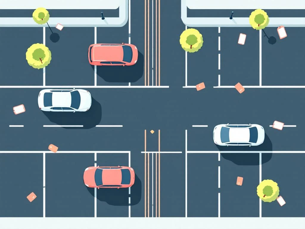 Bovenaanzicht parkeerplaatsen Amsterdam West met parkeermeter, auto's en bomen in minimalistisch ontwerp