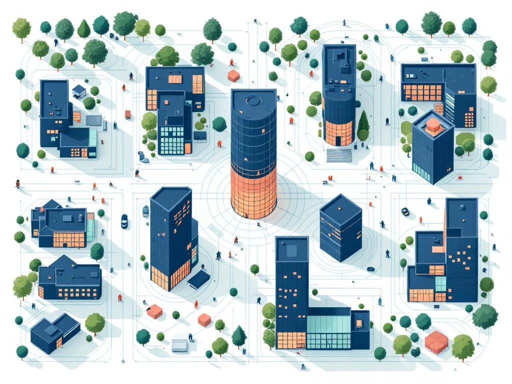 Luchtfoto van modern bedrijventerrein met geometrische gebouwen, groene zones en verbindingspaden in minimalistische stijl