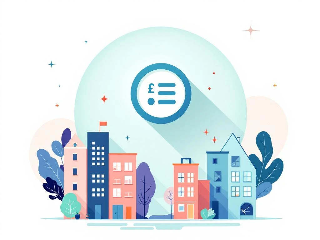 Rekenmachine-icoon boven Amsterdam West architectuur met coworking dynamicen in blauw, koraal en groen tinten