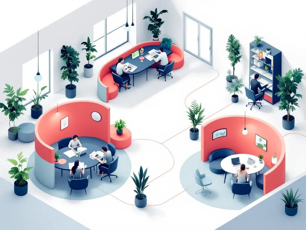 Isometrische illustratie van moderne coworking ruimte met geometrische bureaus, planten en samenwerkingslijnen