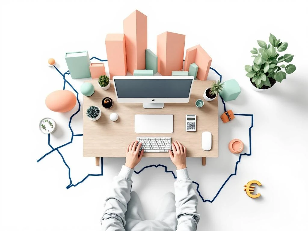 Modern bureau met calculator en euro symbool op kaart van Amstel Business Park, geometrische gebouwen in perzik en mint