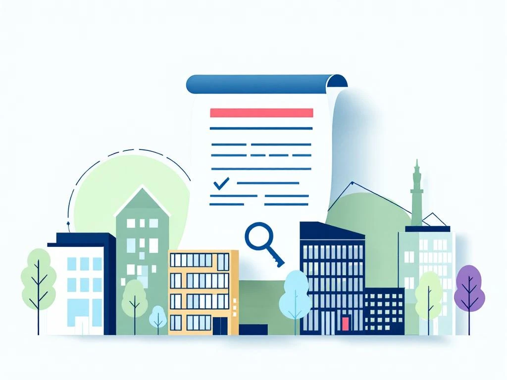 Contractdocument zweeft boven geometrische kantoorgebouwen Amstel Business Park met sleutelicoon voor huurvoorwaarden