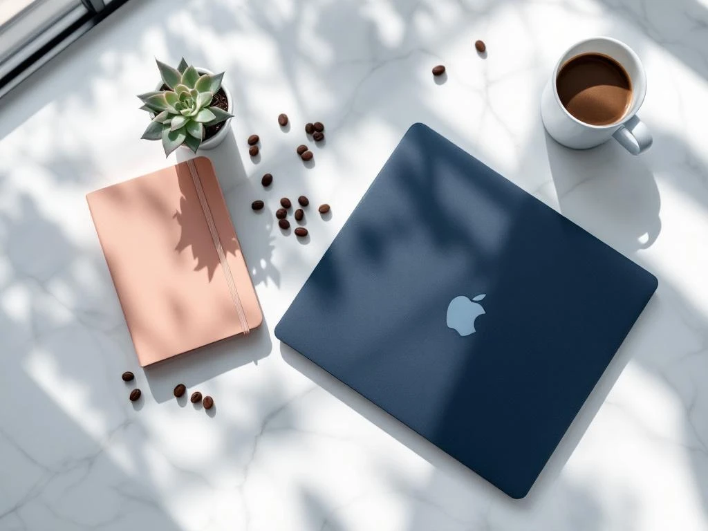 Laptop op marmeren cafétafel met koffiekop, vetplant en koffiebonen in ochtendlicht