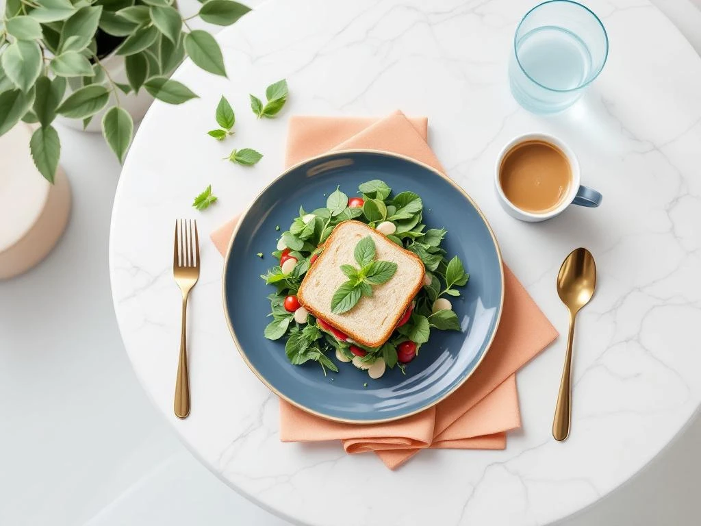 Elegante lunchopstelling met ambachtelijke sandwich, salade en koffie op marmeren tafel in Amsterdam West