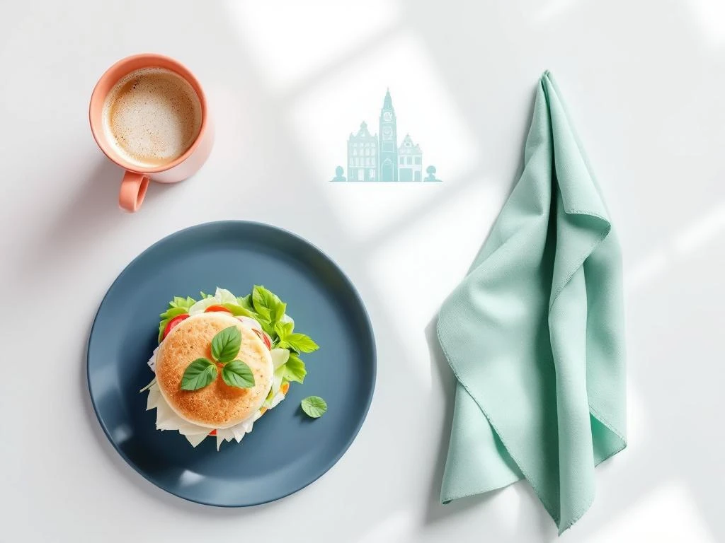 Minimalistische lunchopstelling met navy bord, koraalkleurige koffiemok en saliegroen servet op wit oppervlak