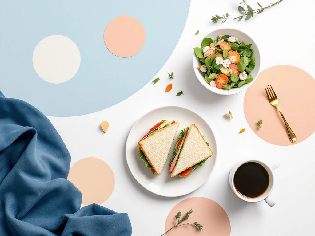 Lunchspread met sandwich, salade en koffie op witte achtergrond met kaartpin en geometrische vormen in navy en peach