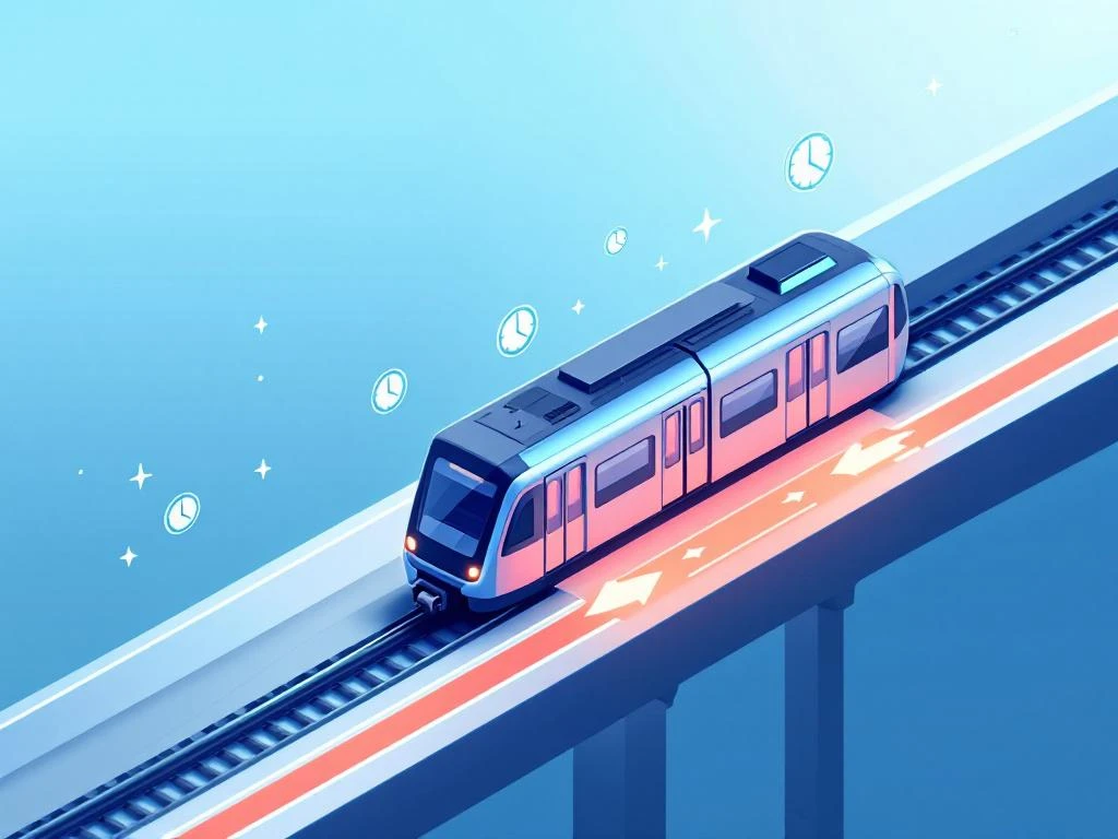 Moderne metro arriveert op verhoogd perron met geometrische rails, klokpictogrammen en werkpleksymbolen in isometrische stijl