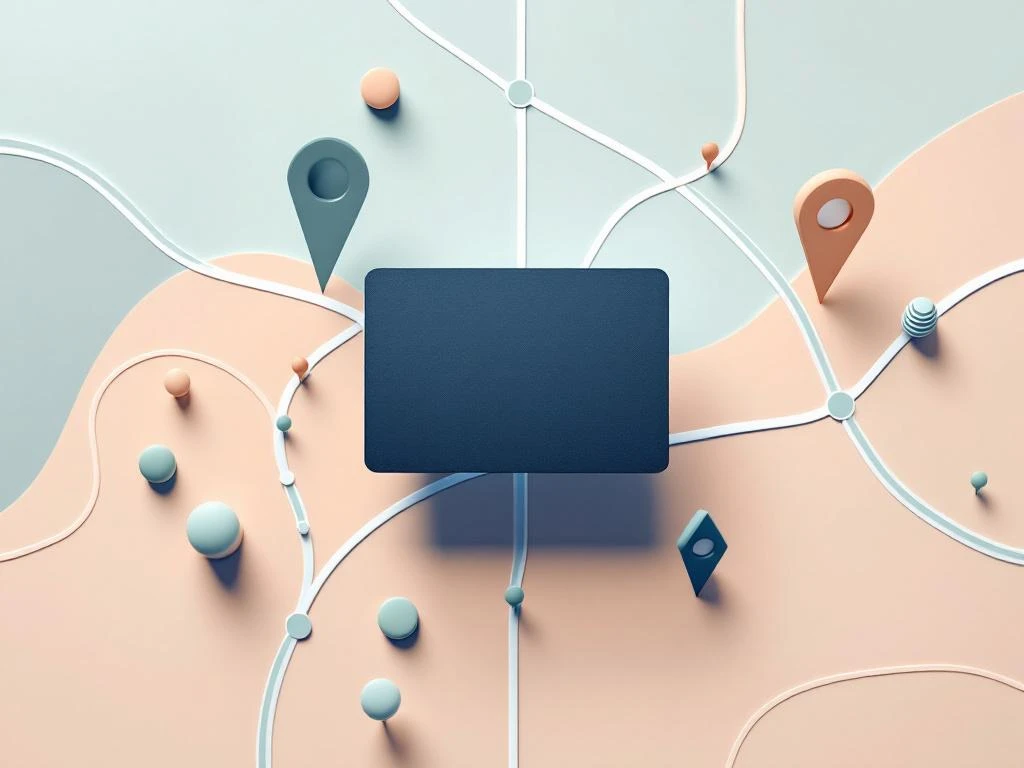 Marineblauwe OV-chipkaart boven gestileerde kaart met treinlijnen naar zakenwijk in pastel tinten