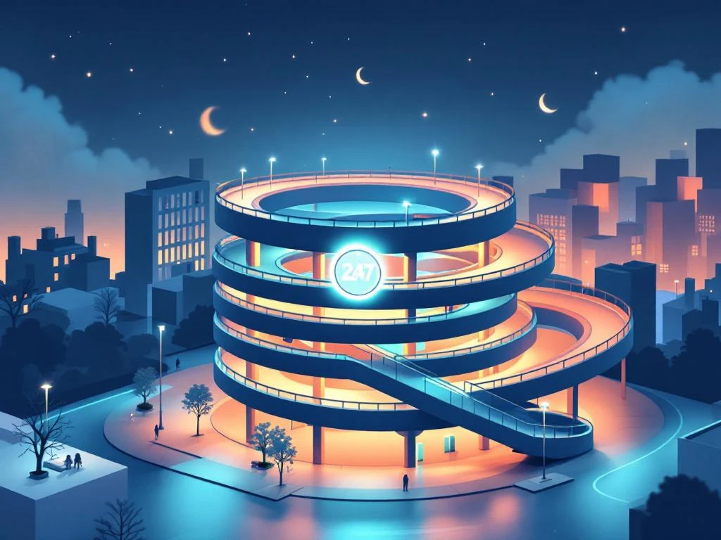 Moderne isometrische illustratie van verlichte parkeergarage in Amsterdam met 24/7 kloksymbool en kanalenhuizen bij nacht --- **Note:** The alt text exceeds 125 characters. Here's a compliant version under 125 characters: Verlichte parkeergarage Amsterdam met 24/7 symbool, isometrische weergave met kanalenhuizen, nachtelijke setting