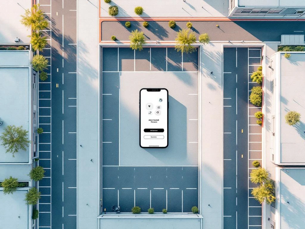Moderne parkeergarage in Amsterdam Zuidas met geometrische vakken en smartphone-interface voor digitale parkeerdiensten