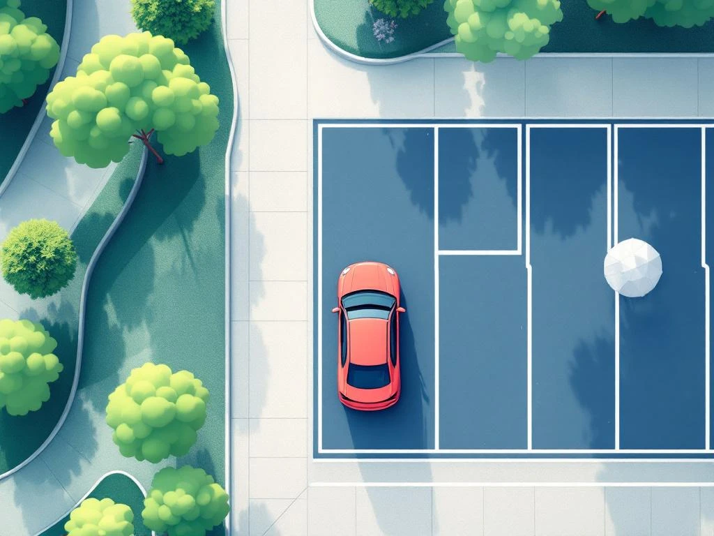 Bovenaanzicht van moderne parkeerplaats naast park met auto-icoon, bomen en paden in pastelkleuren