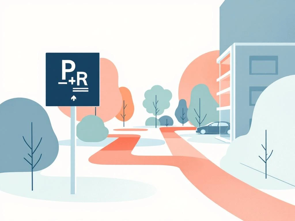 P+R parkeerplaats icoon met Amsterdam West architectuur, verbonden door gebogen paden naar modern kantoorgebouw