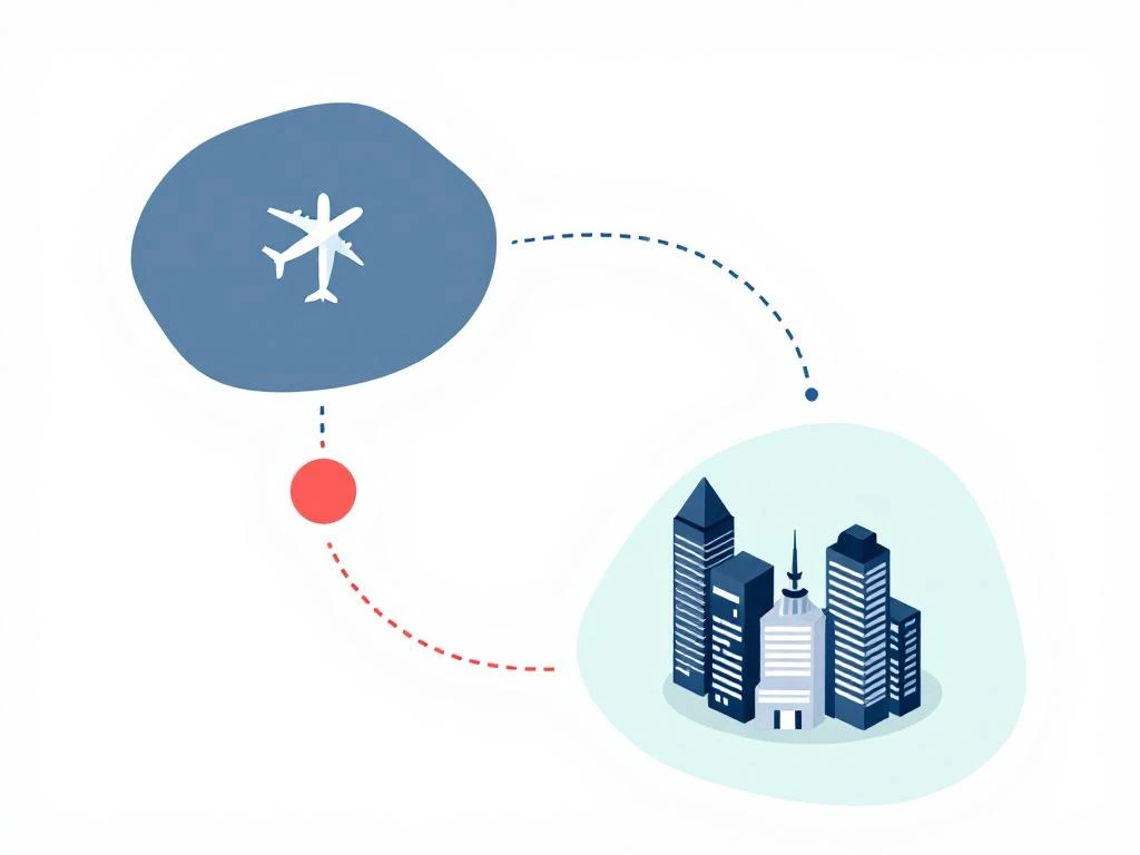 Reisroute van Schiphol vliegtuig naar Amstel Business Park kantoren, weergegeven met gebogen lijn op minimalistische kaart