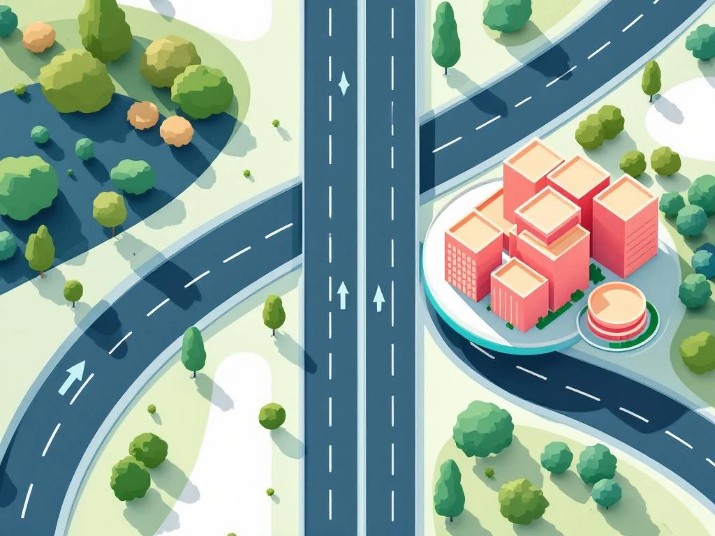 Luchtfoto van moderne snelwegkruising die leidt naar zakelijk bedrijvenpark met geometrische vormen en groene dynamicen