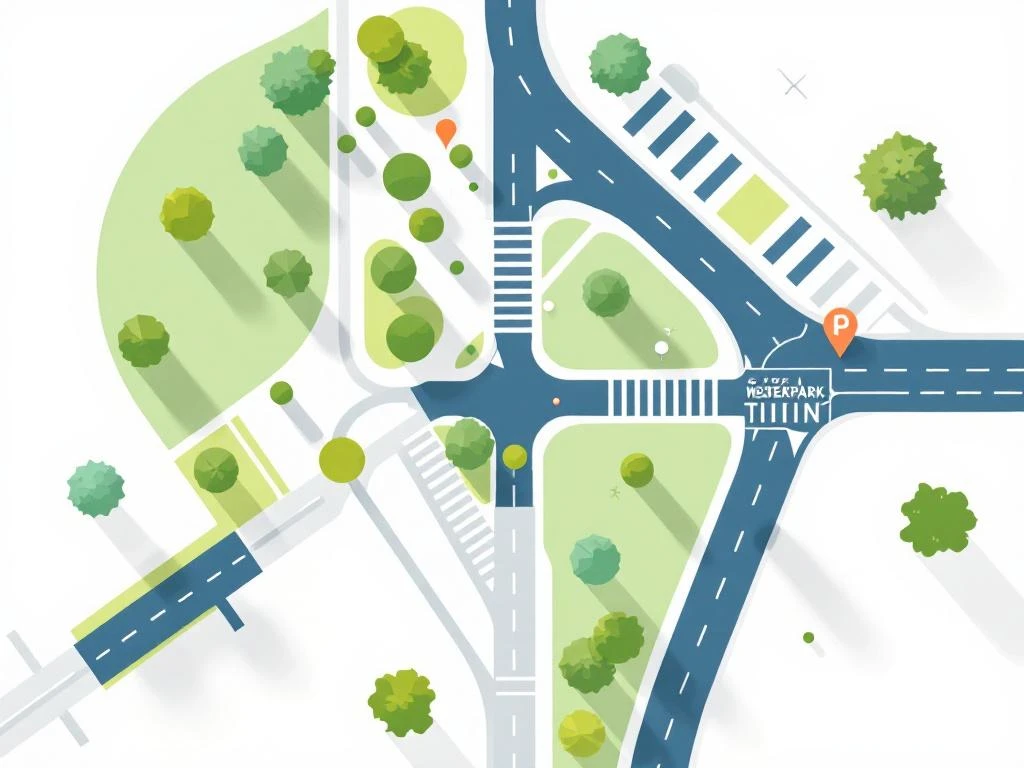 Bovenaanzicht illustratie Westerpark gebied met parkeerplaatsen, straten en groene parkzones in minimalistische stijl