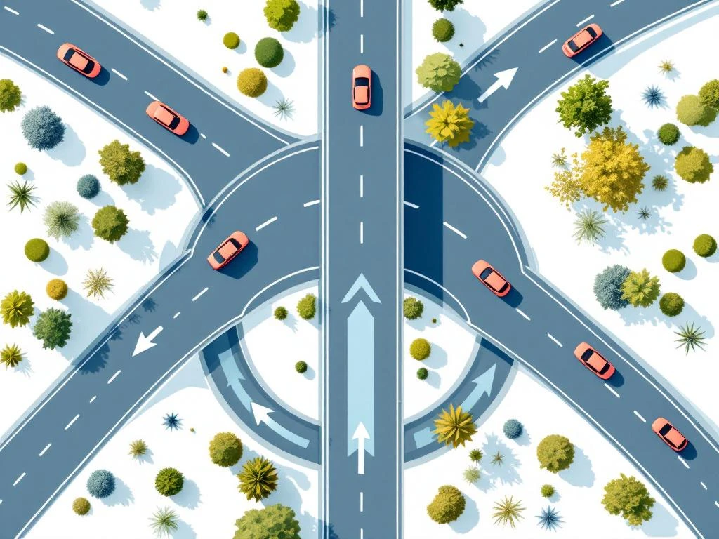 Luchtfoto van moderne snelwegknooppunt naar bedrijvenpark met gestileerde auto's en groene landschapsdynamicen