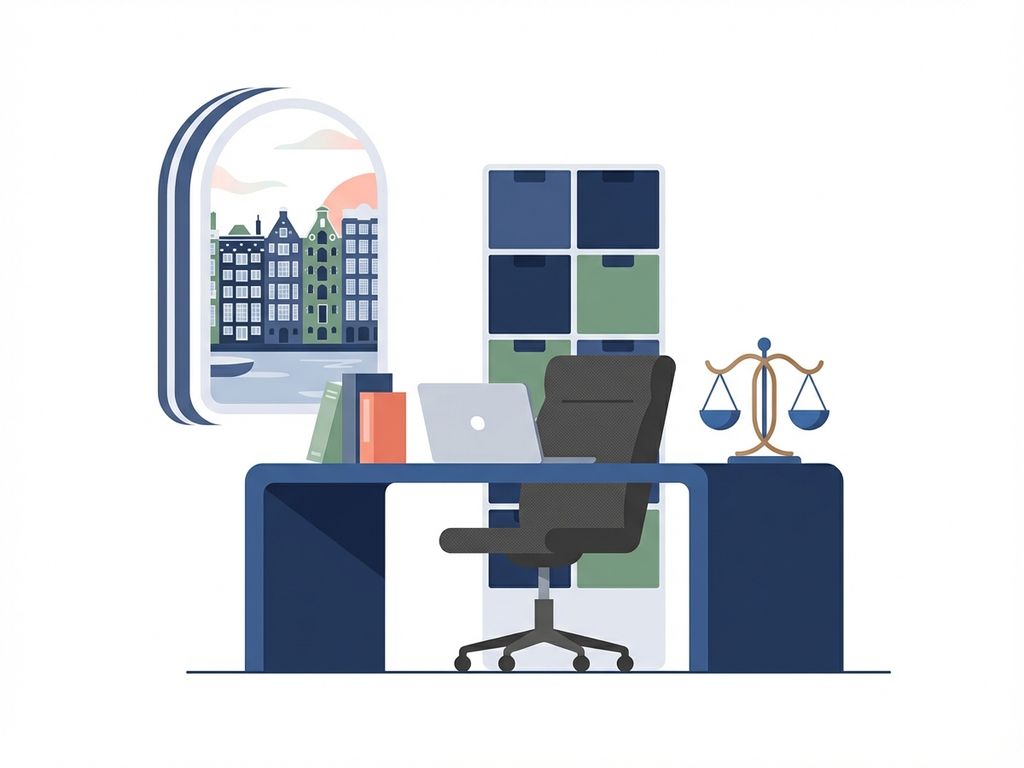 Moderne minimalistische advocatenkantoor werkplek in Amsterdam met laptop, wetboeken en weegschaal in navy, koraal en groen