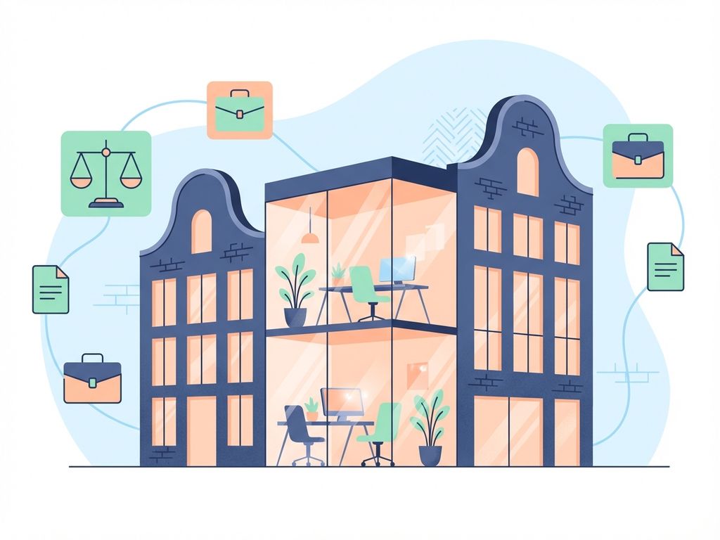 Modern glazen kantoorgebouw in Amsterdam met zwevende juridische pictogrammen en warme verlichting