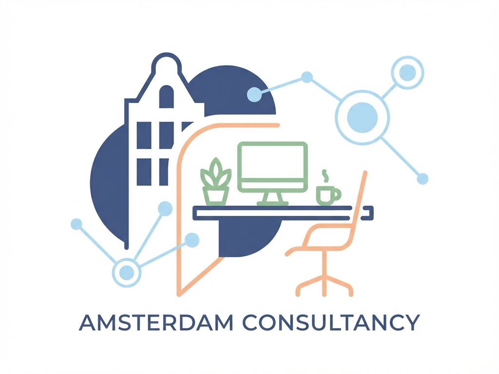 Moderne consultancy werkruimte in Amsterdam met geometrische bureaus, stoelen en samenwerkingspictogrammen in navy, peach en groen