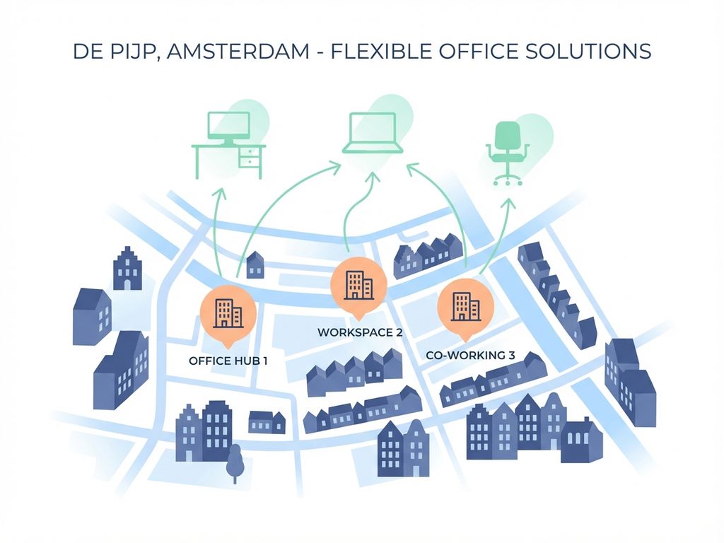 Kaart van Amsterdam De Pijp wijk met kantoorlocaties gemarkeerd en werkplek iconen in moderne illustratiestijl